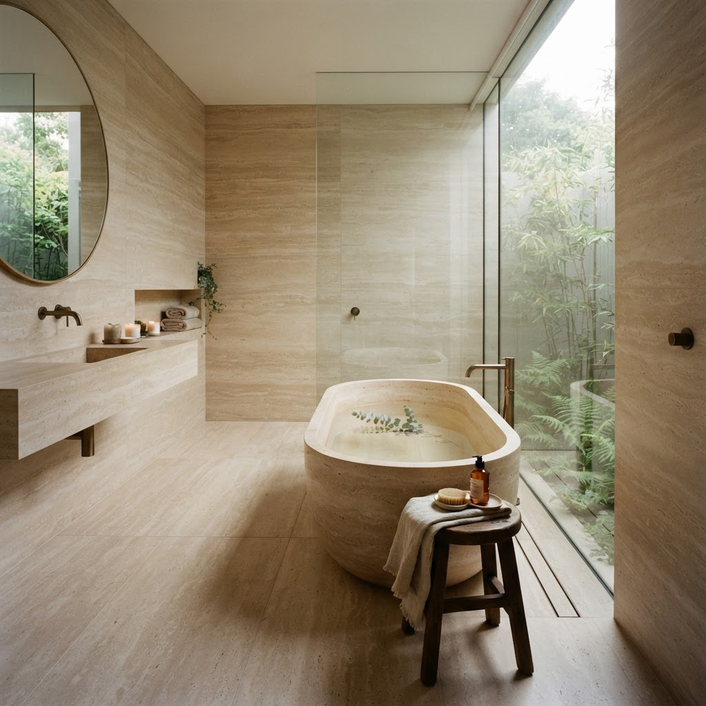 Panelium yüzeyleriyle tasarlanmış sakin ve lüks banyo