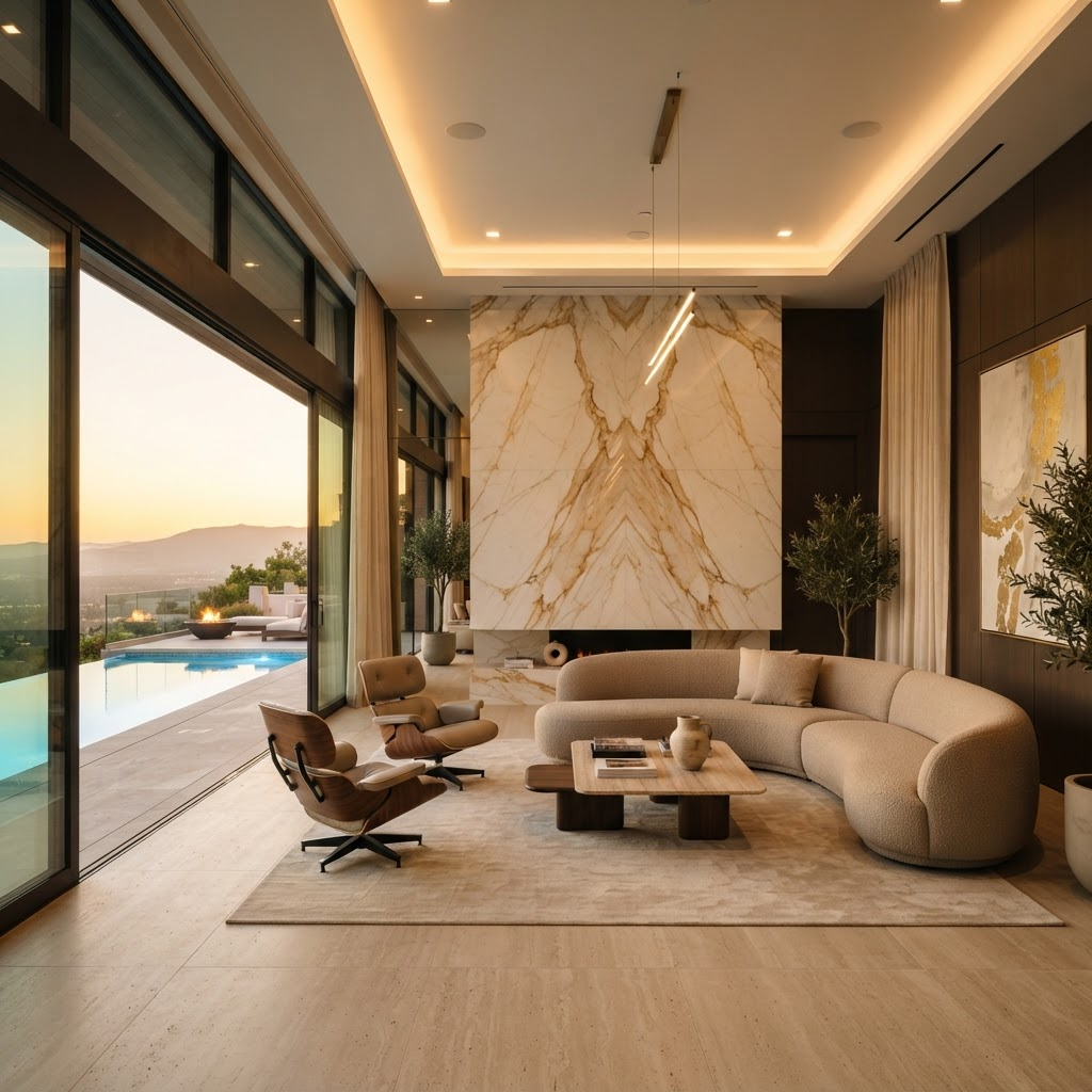 Panelium dekoratif duvar panelleri ile tasarlanmış modern villa iç mekanı